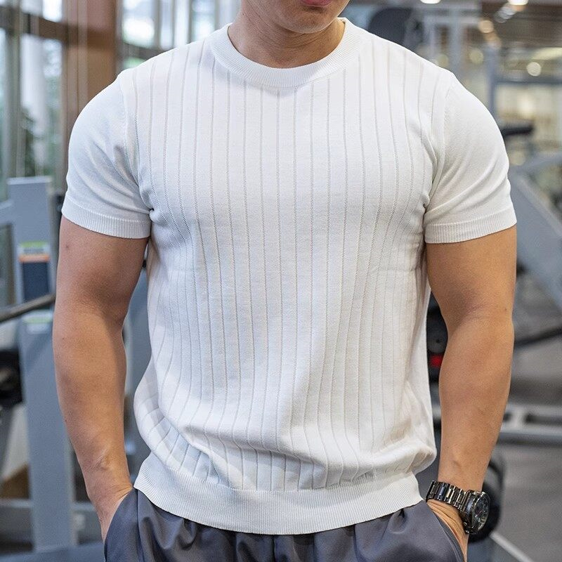 Summer Knitted Striped Short Sleeved T-shirt Men's Sports Fitness Base Shirt Versatile Loose Round Neck Casual Business T-shirt