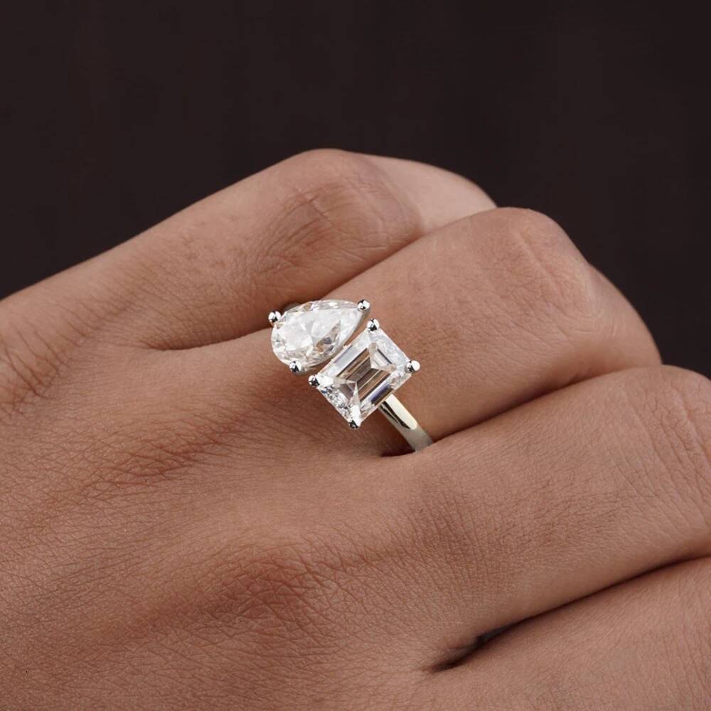 5cttw PearEmerald Cut Moissanite Diamond Engagement Rings for Women Two Stone 925 Sterling Silver Wedding Band with Certificate