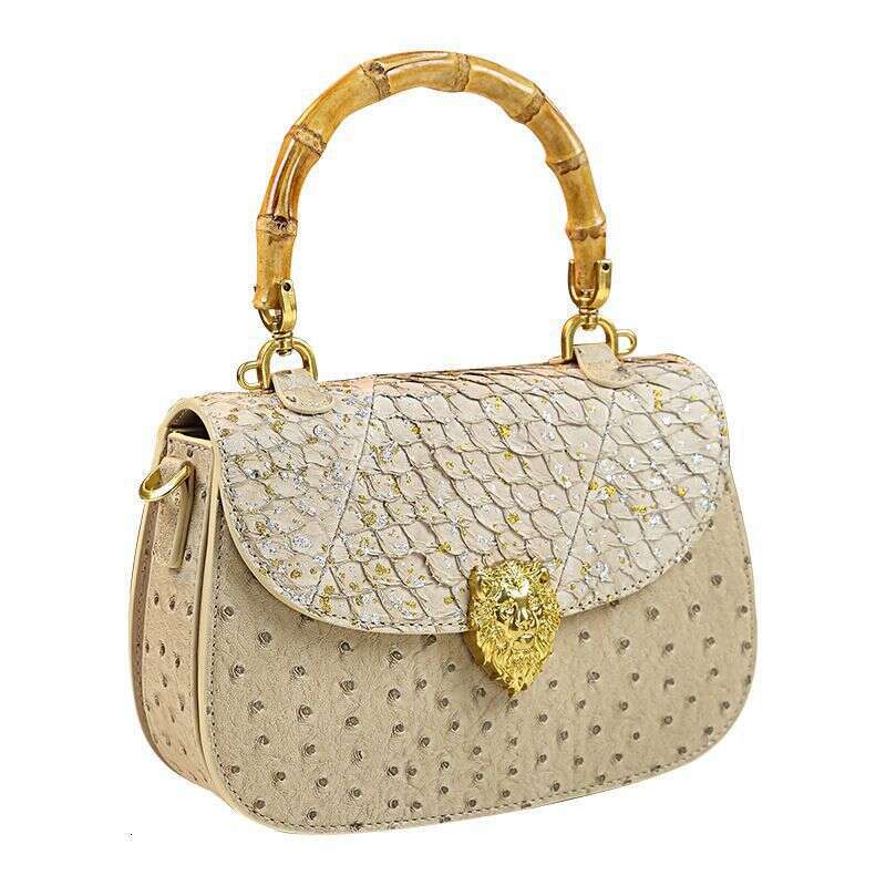 Genuine Leather Women's Shoulder Bamboo Knot Bag Spring New Ostrich Pattern Saddle Fashion High-end Light Luxury Handbag