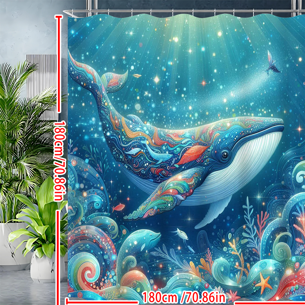 No-Drill Bathroom Divider: Creative Underwater World Blue-Green Whale Shower Curtain for Bathroom Privacy