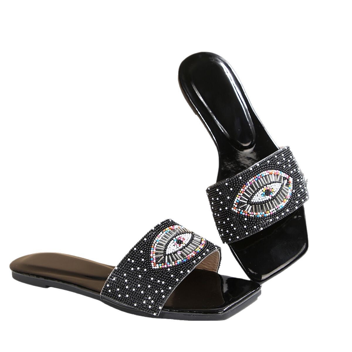 Designer Luxury Beaded Fashionable Decorated Square-toed Flat Women's Slippers Outdoor Casual Toe-exposing Beach Sandals Anti-slip Resistant To D