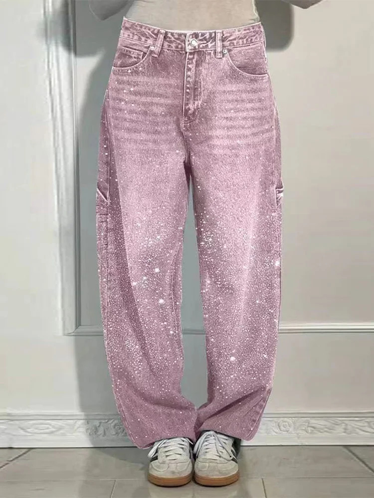 Rhinestone Wide Leg Lady Jeans Diamonds Denim Straigt High Waist Zipper Female Pants Fashion Pockets Street Lady Trouser 250902