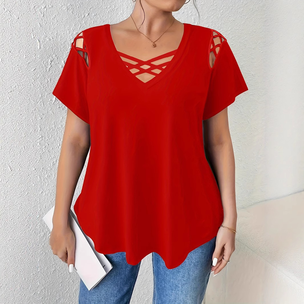 2025 New Womens Vneck Solid Color Short Sleeve Cross Strap Detail Tshirt Womens Fashion 250526
