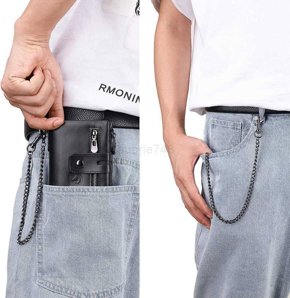 Mens Wallet with Chain Genuine Leather Purse RFID Blocking Bifold Double Zipper Coin Pocket with AntiTheft ChainZ250911