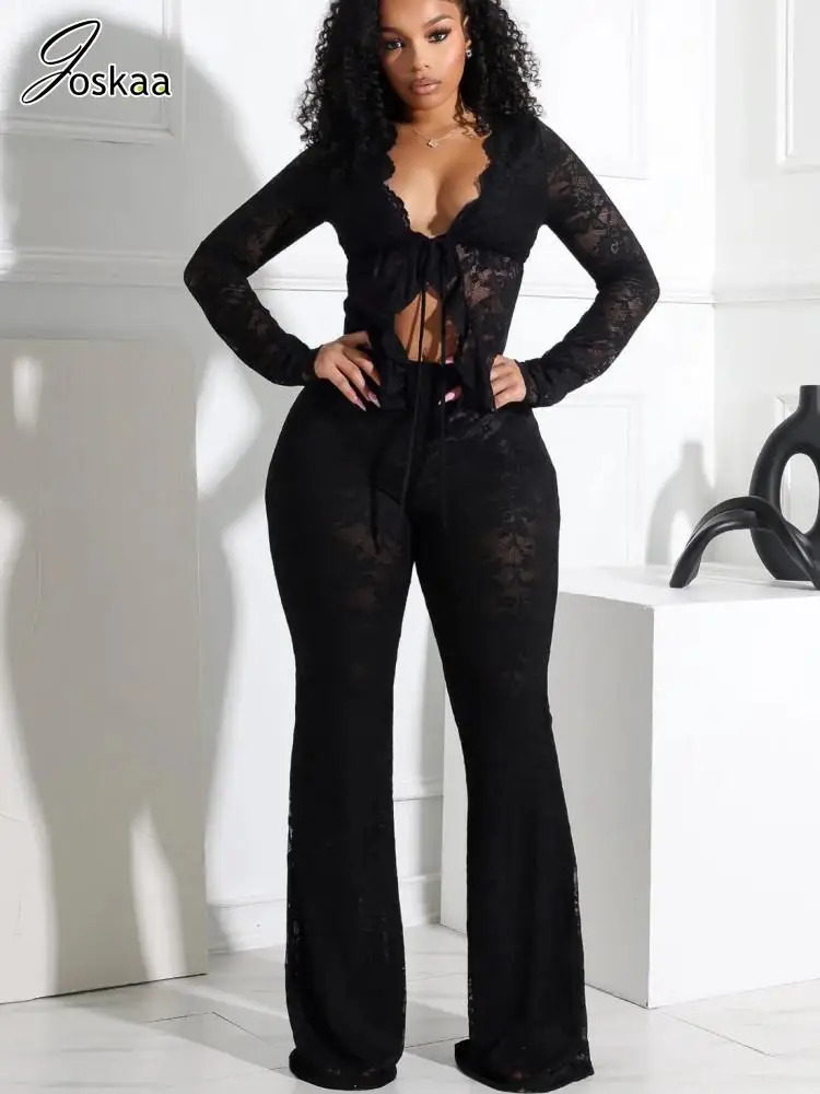 Joskaa Lace Jacquard 2 Piece Sets Women Sexy LaceUp Full Sleeve Cardigan Tops and Flared Pants Matching Midnight Clubwear 250902