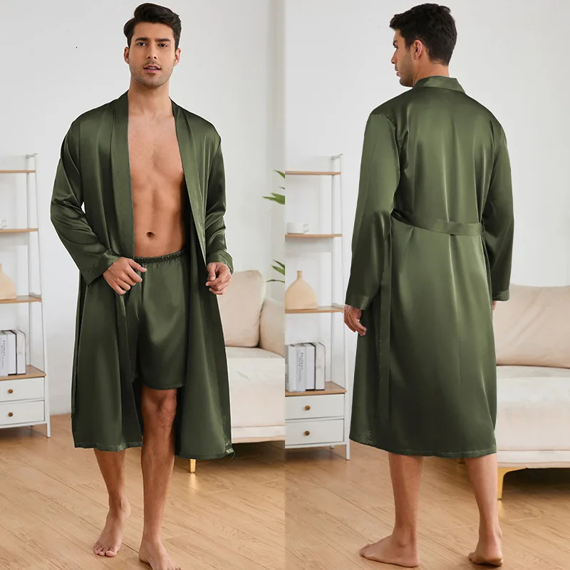 Solid Color Sleep Wear Set Men Silkly Satin Man Nightwear Loose Japanese Mens Pyjama Set Summer Kimono Shorts Pajamas Suit 250902
