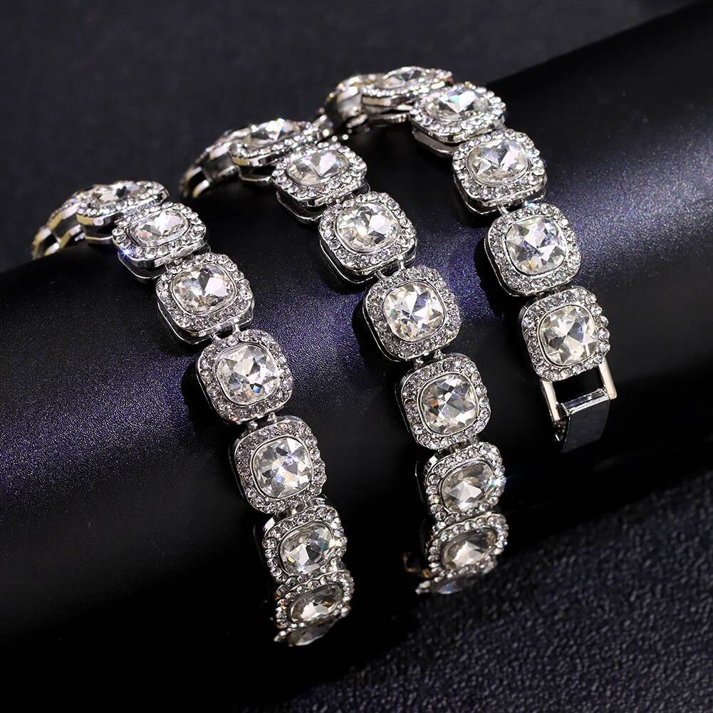 Men Women Bling 13mm Square Cuban Link Chain Necklace Iced Out Micro Pave Crystal Tennis Chain Choker Necklaces Fashion Jewelry
