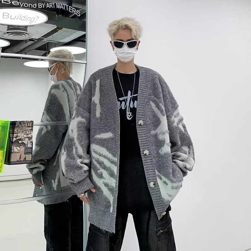 American Style Flocked Cardigan Sweater Knitwear Men Loose Oversize Lazy Style Korean High Street Jacket Trendy 241127