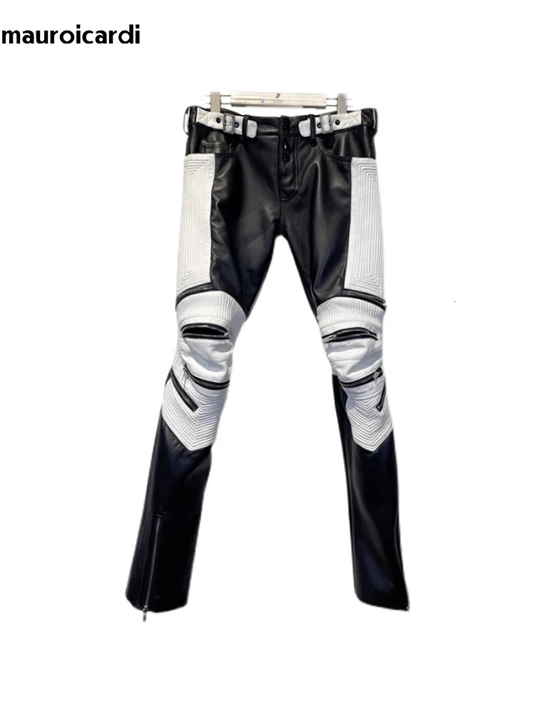 Mauroicardi Autumn Long Skinny Stretchy Whit and Black Patchwork Pu Leather Pants for Men Many Zippers Clothes 250901