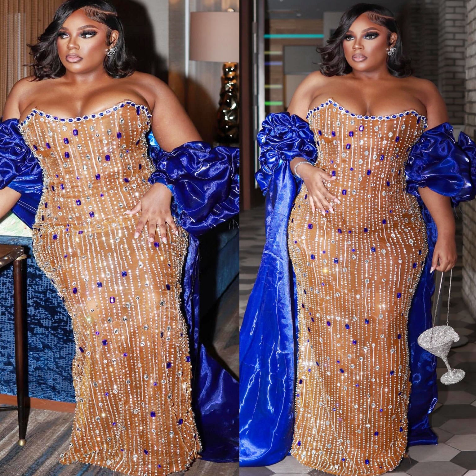 Aso Ebi Royal Blue Mermaid Prom Dresses 2025 Illusion Crystals Satin Evening Formal Party Second Birthday Engagement Gowns Plus Size Dress For Special