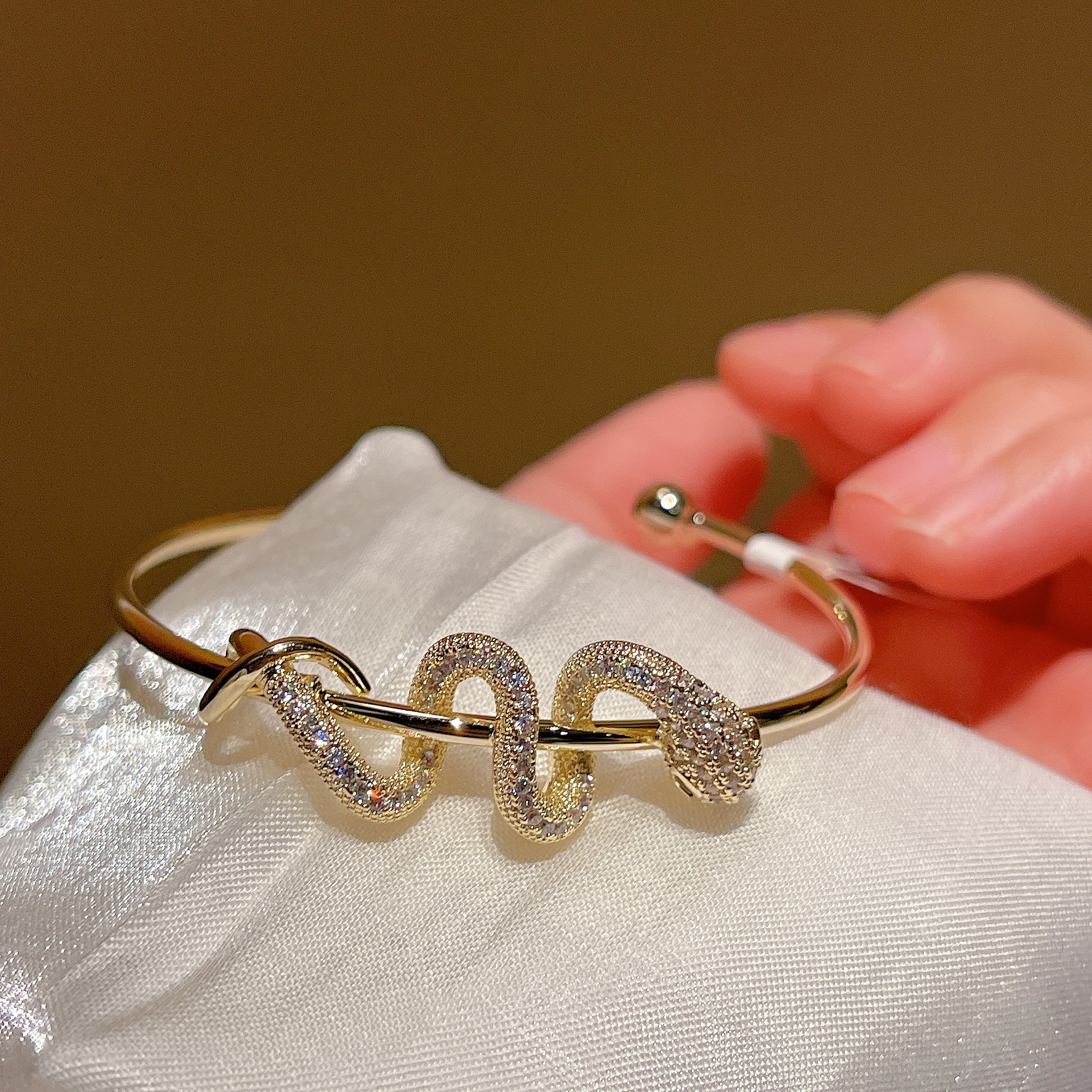 Jewellery Gold Toned Open Cuff Snake Bangle with Crystal Encrusted Detail for Bold Daily Wear and Statement Occasions Gift Textured Glamorous Fashion 