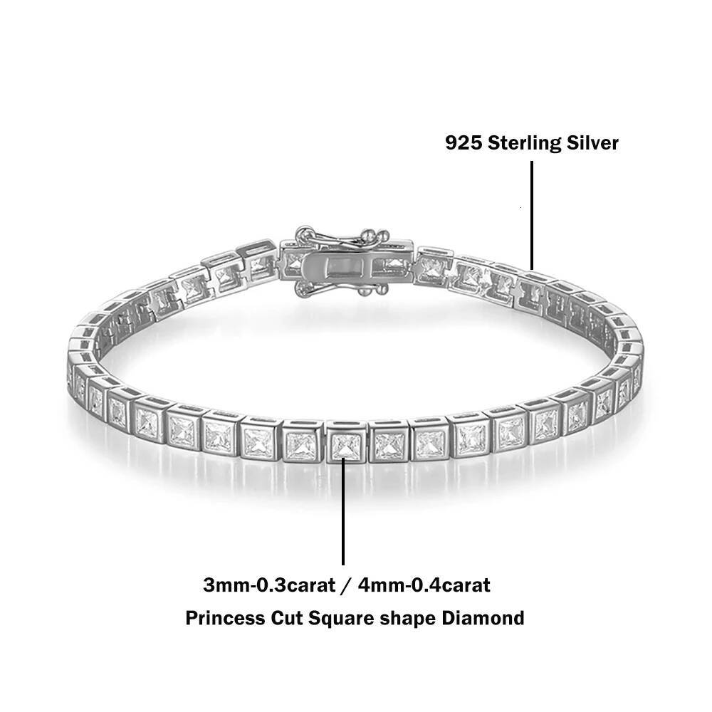34mm Princess Cut Moissanite Tennis Bracelets for Women Men 925 Silver Square Diamond Bezel Set Unisex Bracelet with GRA