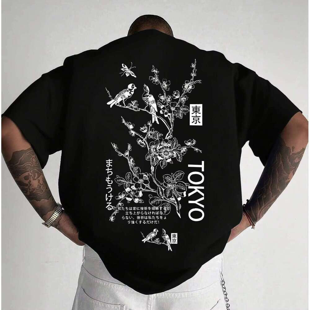 High Quality 100% Cotton Summer Casual Floral Bird Japanese Print Oversized Round Neck Short Sleeve Breathable Men's T-Shirt