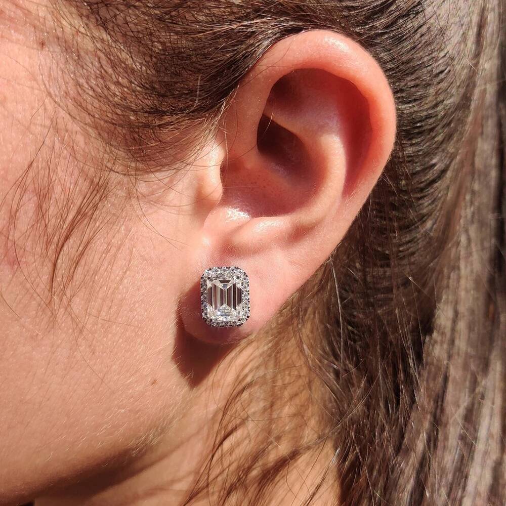 0512ct Emerald Cut Halo Moissanite Diamond Stud Earrings 925 Sterling Silver Plated 18k Gold Earring Fine Jewelry for Women