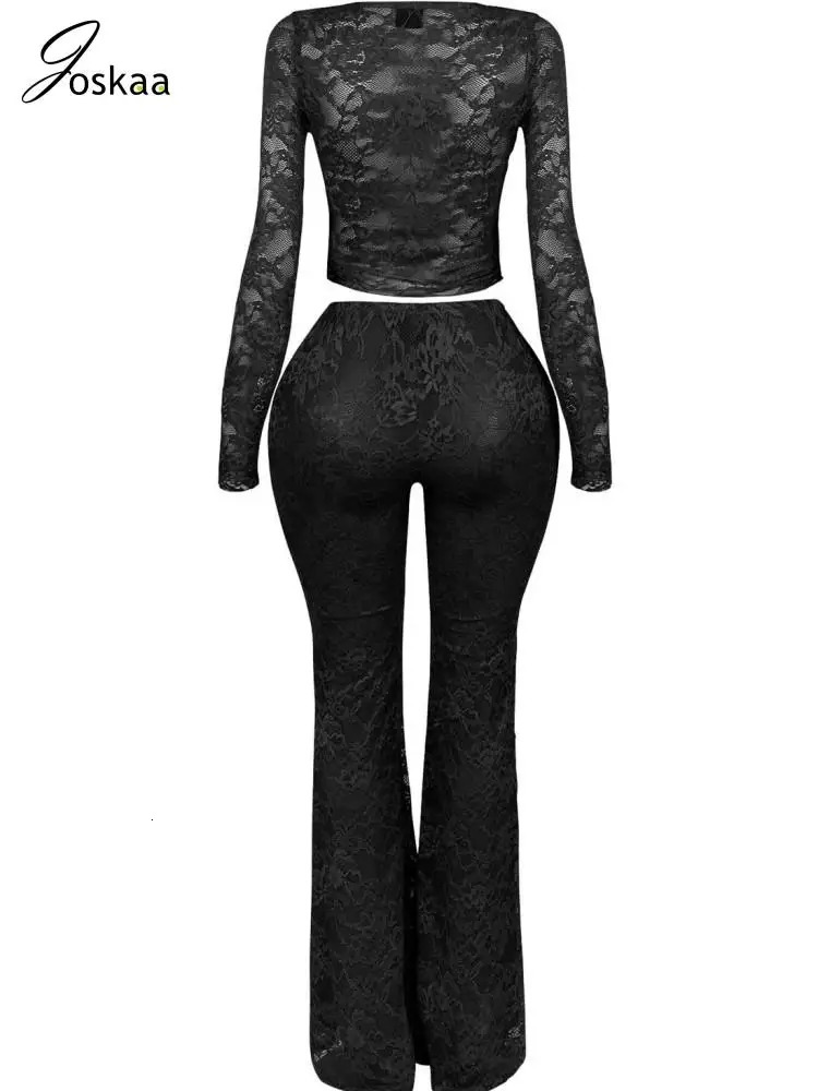 Joskaa Lace Jacquard 2 Piece Sets Women Sexy LaceUp Full Sleeve Cardigan Tops and Flared Pants Matching Midnight Clubwear 250902