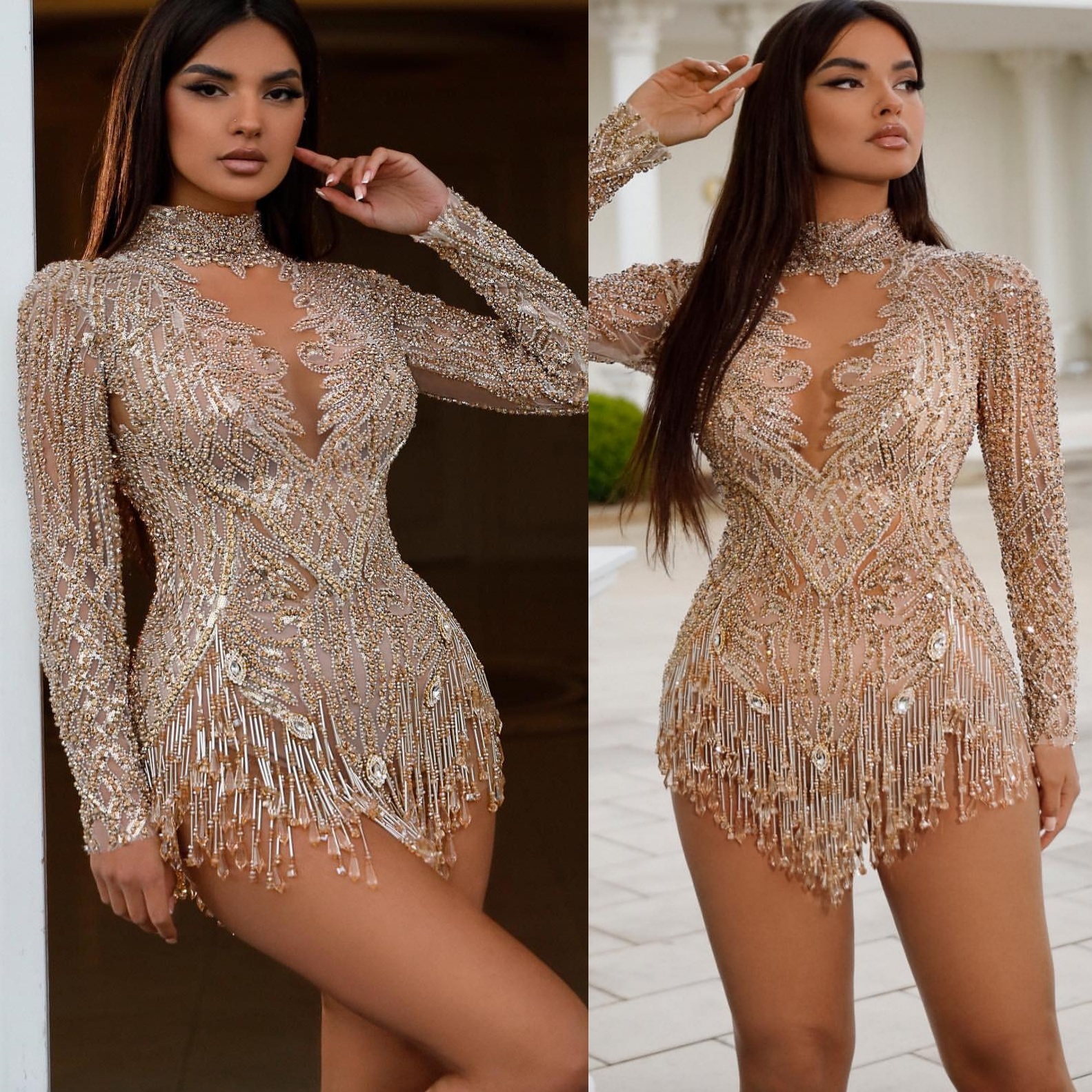 Chic Champagne Sheath Cocktail Dress Crystals Beaded Illusion Tassels Short Mini Graduation Homecoming Dresses For Special Occasions Sweetheart Gowns