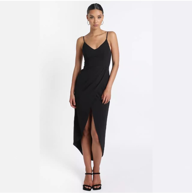 (846) Summer Suspender Sleeveless Solid Color Knitted V-neck High Waist Pleated Irregular Dress Women's Dress