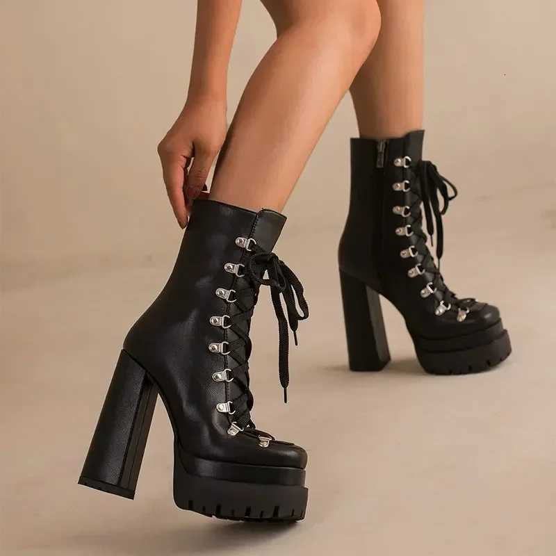 Modern Western Mature Punk Goth Female Winter Super Block High Heeled Shoes Square Toe Laceup Platform Heels Boots W250902