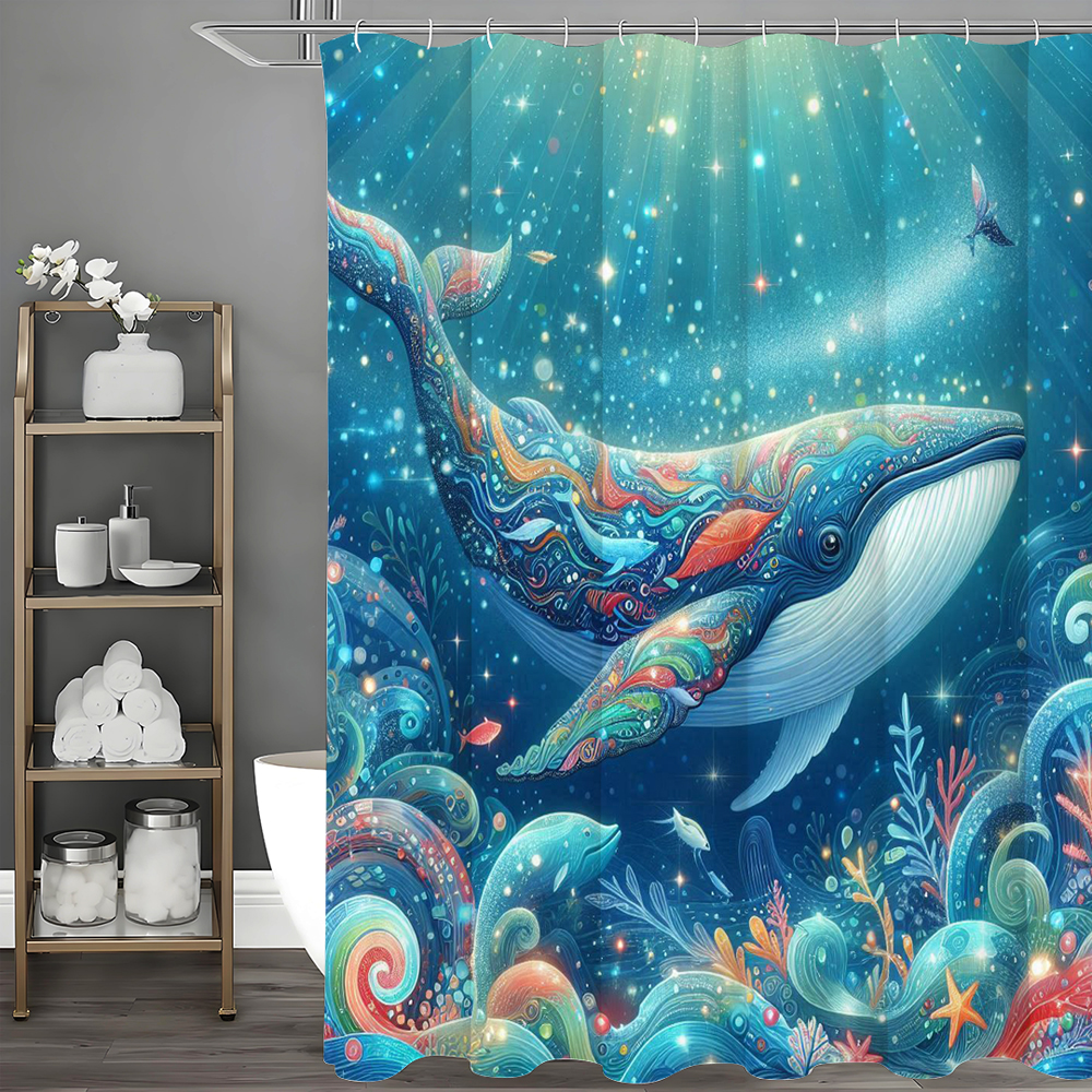 No-Drill Bathroom Divider: Creative Underwater World Blue-Green Whale Shower Curtain for Bathroom Privacy