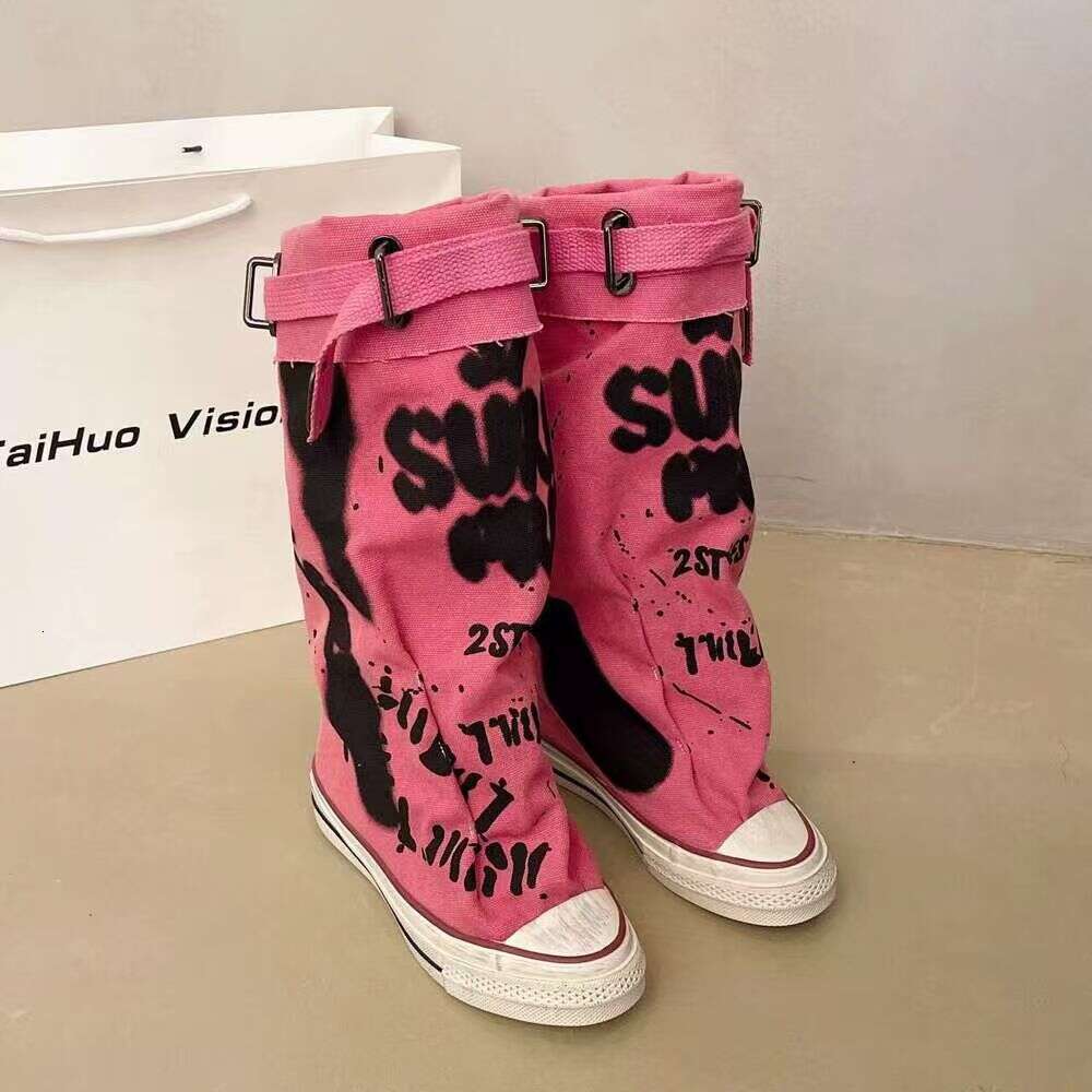 Graffiti High Top Canvas Shoes Women's Spring Wide Mid 2024 New Trouser Barrel Stacking Boots