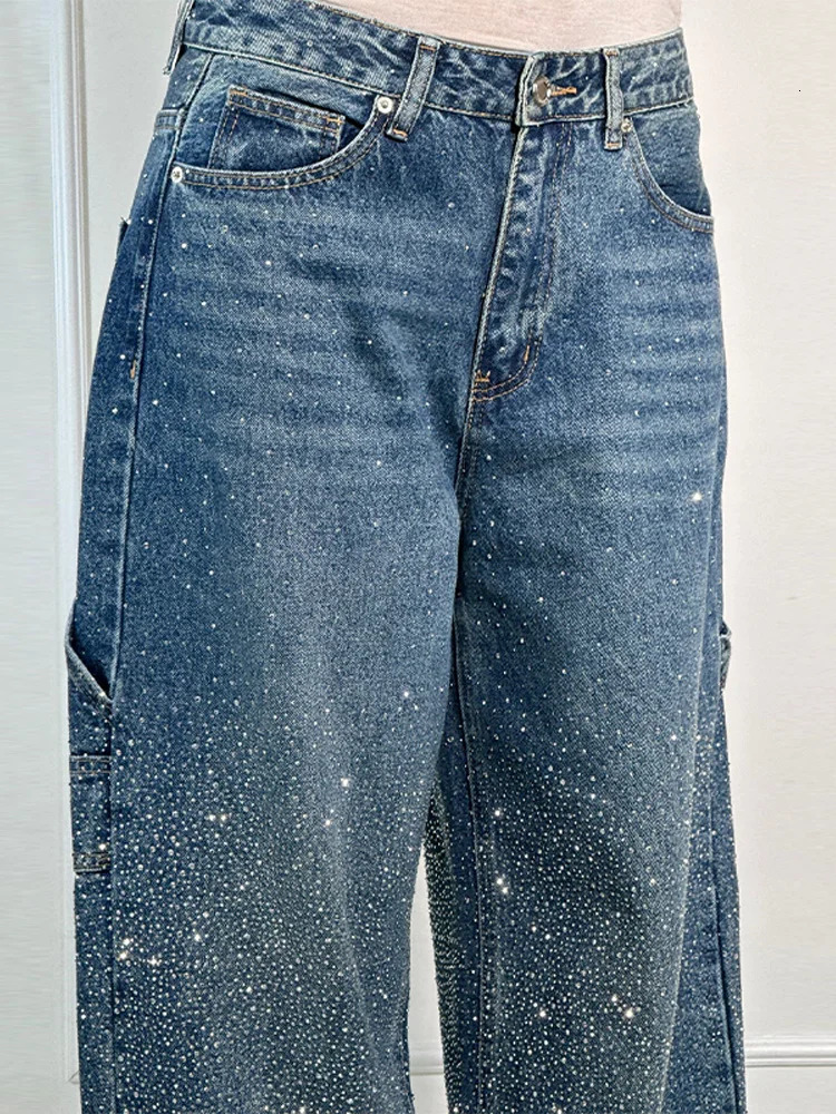 Rhinestone Wide Leg Lady Jeans Diamonds Denim Straigt High Waist Zipper Female Pants Fashion Pockets Street Lady Trouser 250902