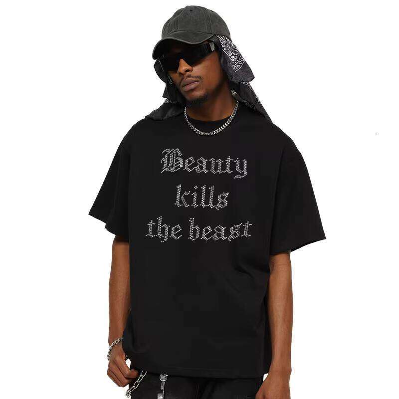 High Quality Clothes 100% Cotton 230Gsm Printed Transfer Graphic Rhinestone T-Shirt