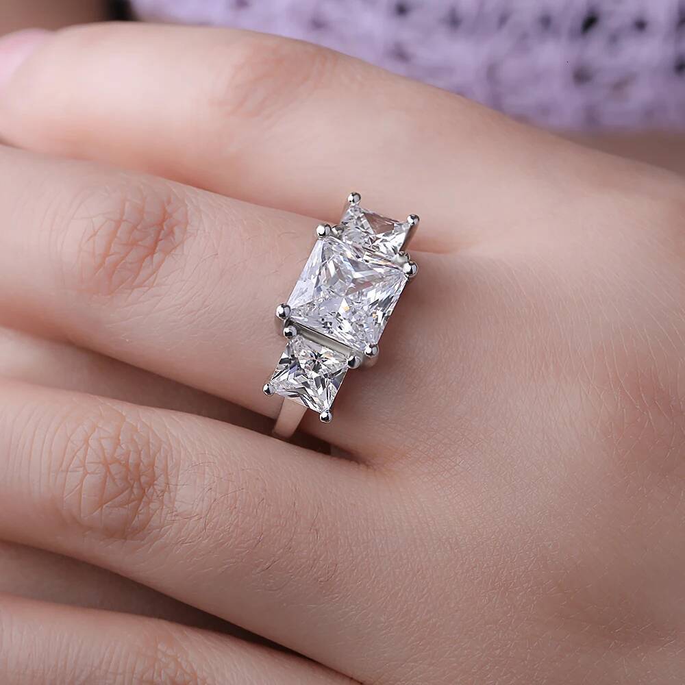 64Cttw Princess Cut Full Moissanite Engagement Ring with Certificates S925 Silver 3Stone Lab Diamond Wedding Rings for Women
