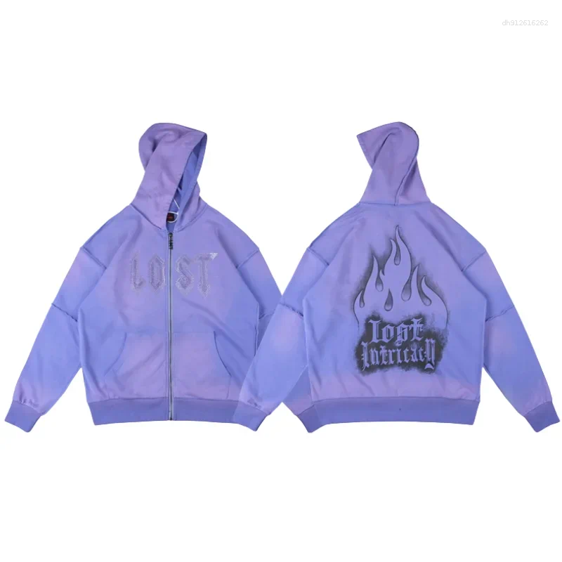 Men's Hoodies Lost Intricacy Lavender Patchwork Hoodie High Street Casual Loose Men Women Diamond Inlaid Oversize Hooded