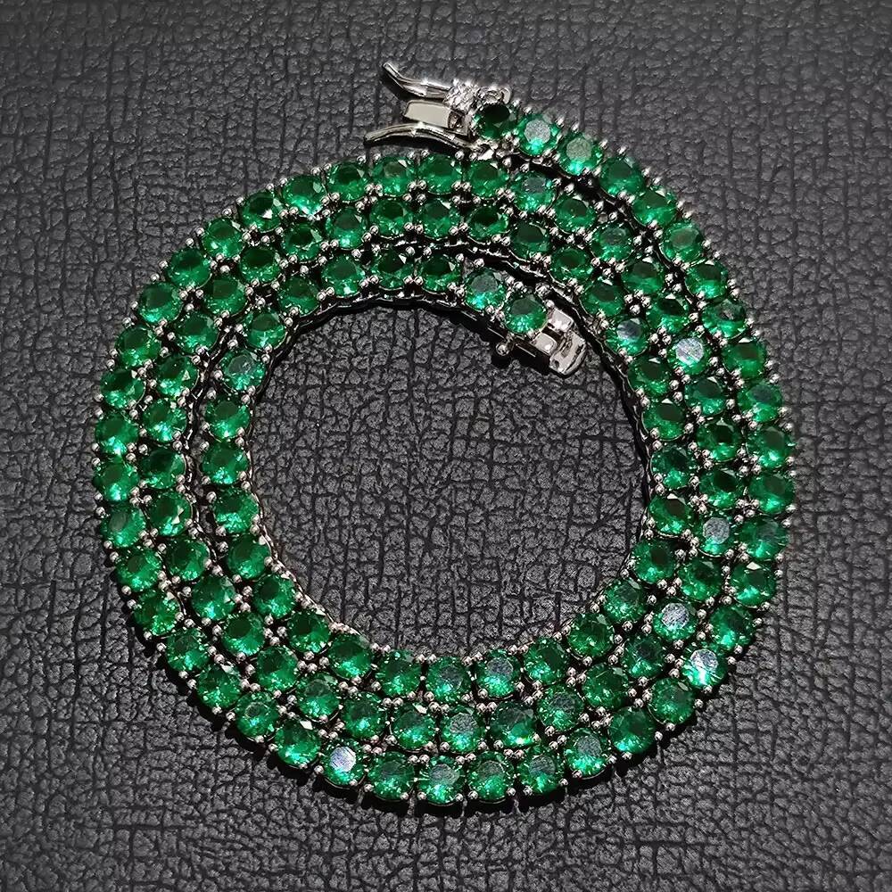 NUOYA Fine Jewelry 4mm Bling Diamond Tennis Chain Single Row Pink Green Moissanite Silver Plated Tennis Chain Necklace for Women