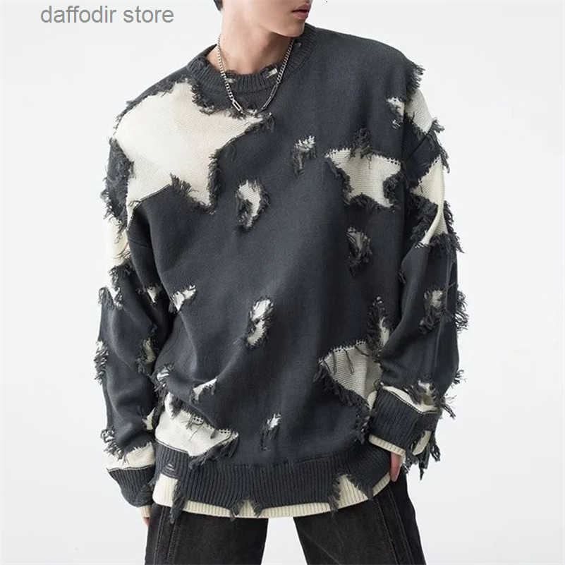 Mens Autumn Winter Y2k Hole Distressed TwoPiece Sweater Essential Oversize Loose Trendy High Strt Retro Knitted Sweater 240927 S250902