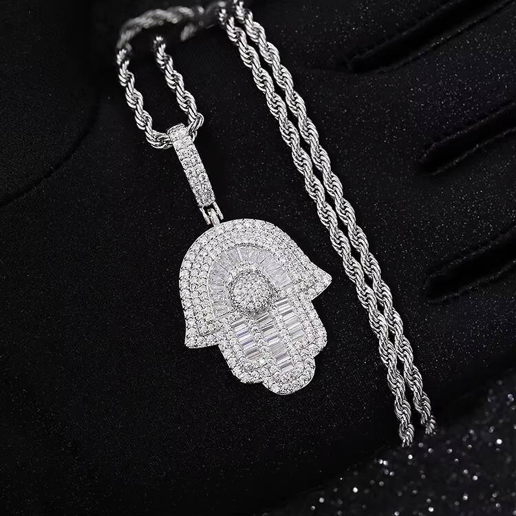 Wholesale Hip Hop Custom Hamsa Hand VVS Moissanite Diamond Pendants Iced Out Gold Plating 925 Sterling Silver Pendant