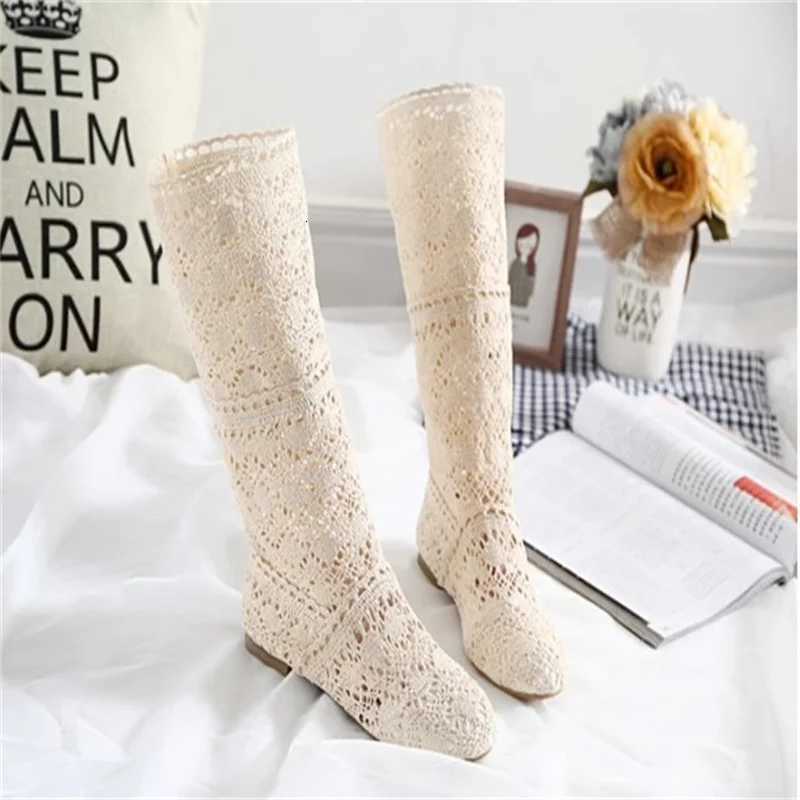 Womens Spring High Boots Wool Hollow Boots Fashion Luxury Brand Summer White Lace Boots Ladies Hollow Flat Casual Shoes W250902