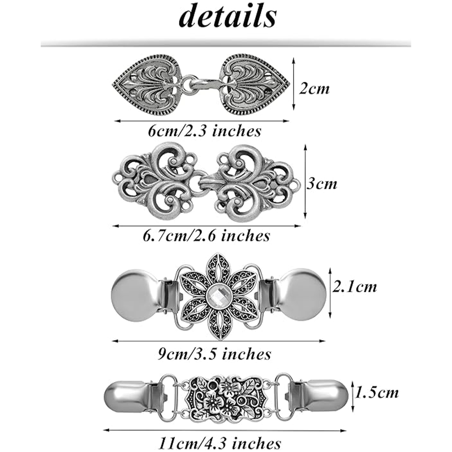 12pcs Vintage Sweater Shawl Clips Retro Cardigan Collar Shirt Waist Dresses Chain Clip Antique Flowers Pattern Brooch Pins Women