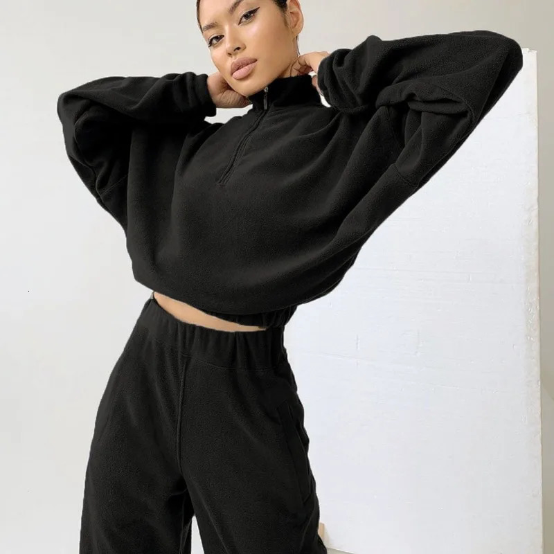 2025 Womens Hooded Street Fashion Sweatshirt Set Plush Fleece Two Piece Coord Fall Winter Lounge Date Sports Casual Outfit 250902