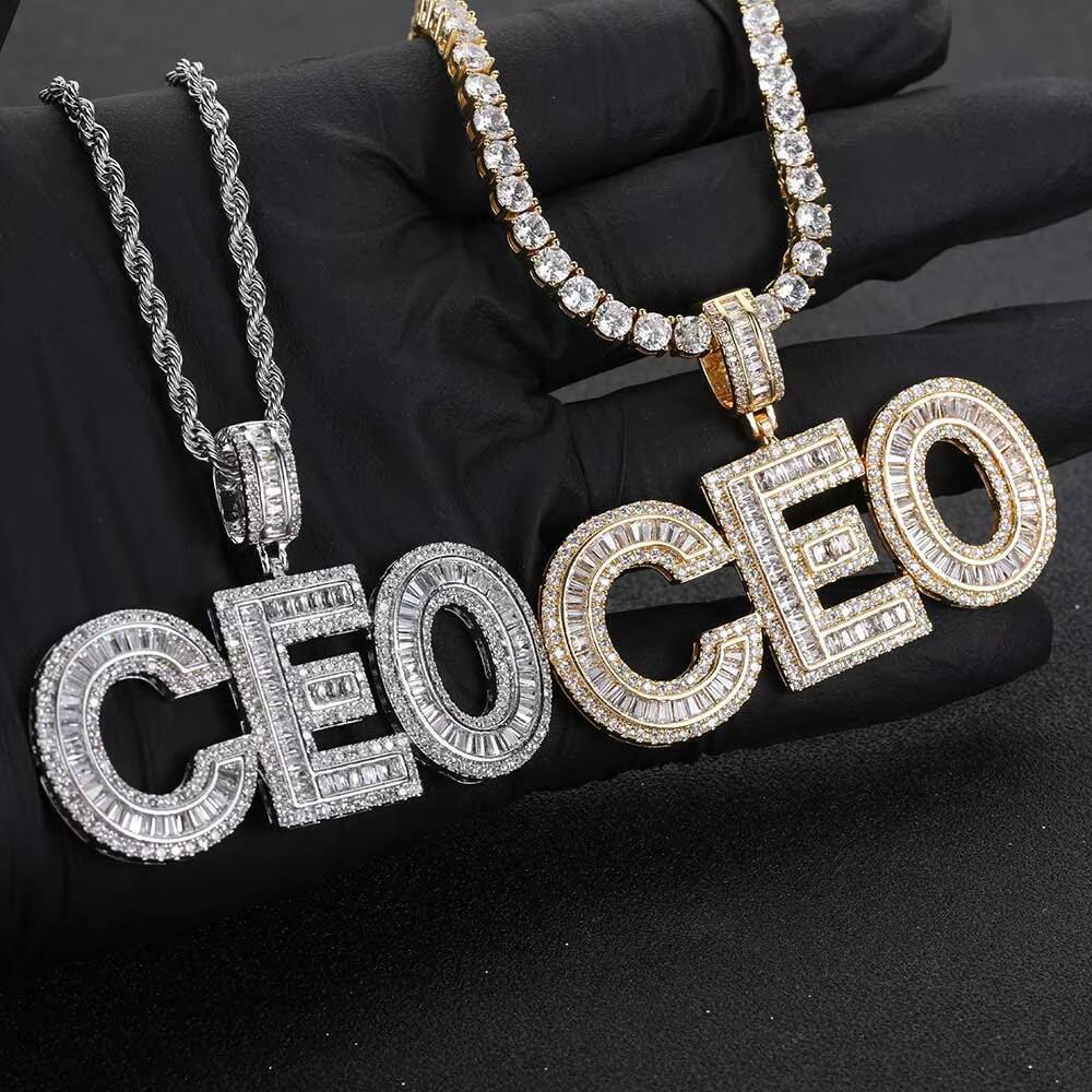 NUOYA Personalized Name Pendant Iced Out Baguette Moissanite Initial Letter Hip Hop Charm Pendant Jewelry Gift for Rappers Customizable