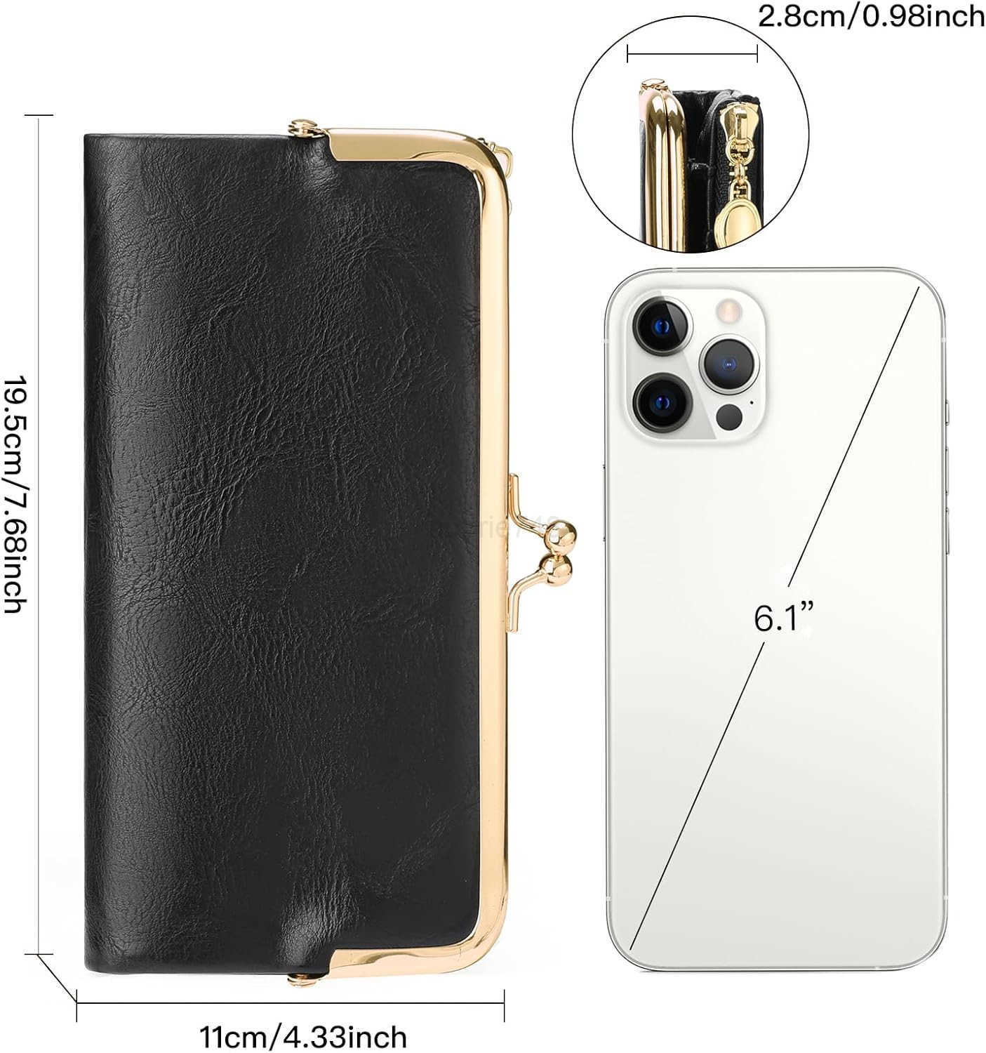 Womens Wallet Ladies Vintage Billfold Compact Card Holder Long Zip Clutch Purse with Kiss Lock BlackZ250911