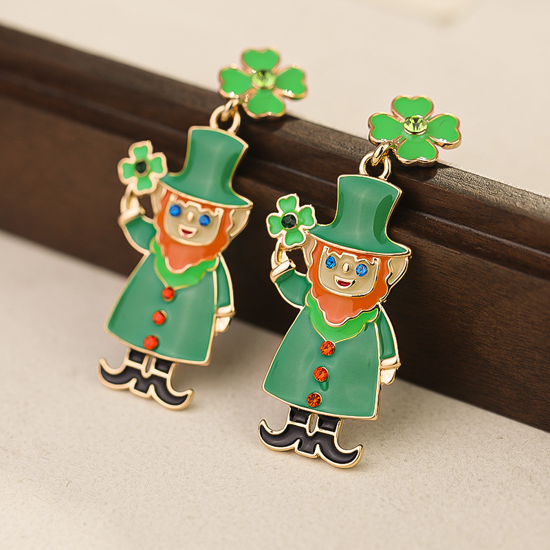 New Arrival Stylish and Versatile St Patrick Green Four leaf Clover Earrings Alloy Enamel filled and Diamond set Ideal for Irish Carnival