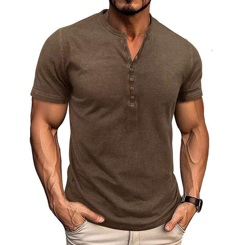100% Pure Cotton Men's T-Shirt Button Short Sleeve Solid Color Outdoor Commuting 180g Knit Summer Style