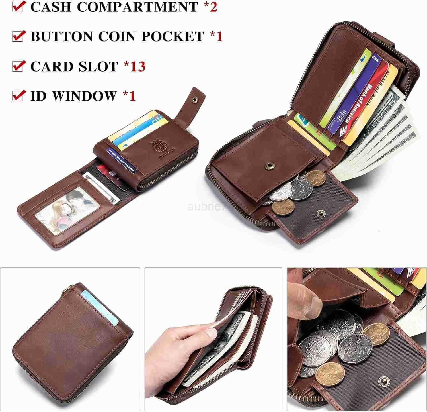 Genuine Leather Zipper Wallet for Men RFID Blocking Large Capacity Vintage Wallet with Coin Pocket ID Window CoffeeZ250911