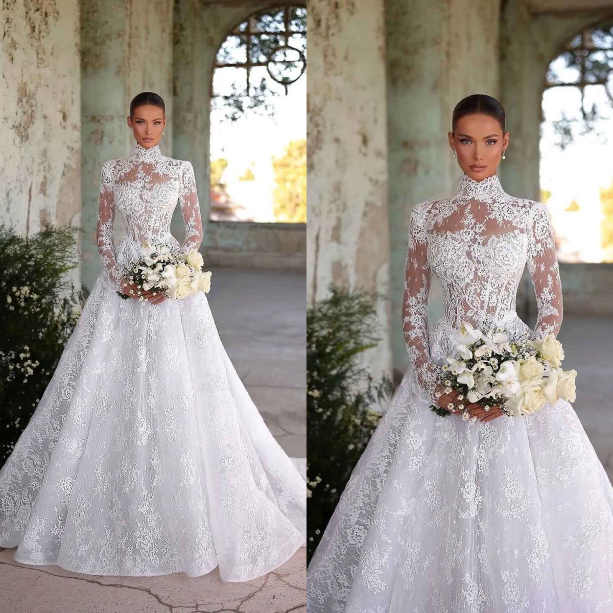 Customization High Collar A-line Lace Wedding Dress Elegant Long Illusion Sleeve Appliques Bride Bridal Gowns Plus Size Special Occasion Vestidos De N