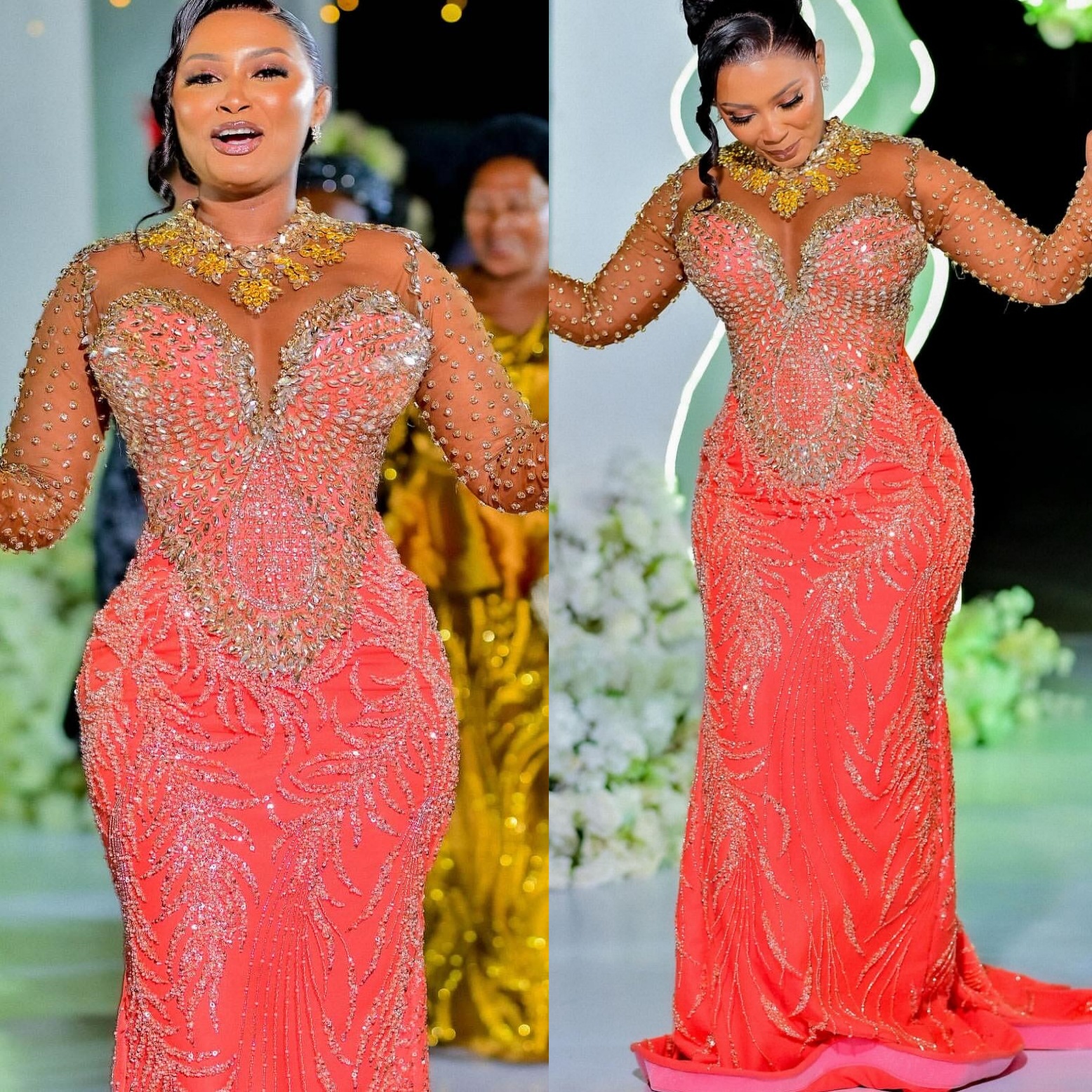 Aso Ebi Water Melon Mermaid Prom Dresses 2025 Crystals Beaded Sheer Neck Evening Formal Party Second Birthday Engagement Gowns Plus Size Dress For Spe