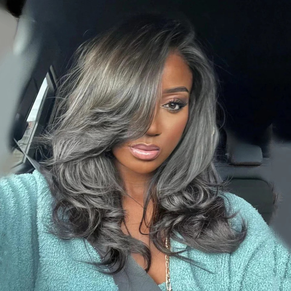 Grey Black Wave Wigs Highlight Human Hair Body Wavy Wigs Gray High Density13x4 Lace Frontal Wig for Women Pre-Cut Glueless Grey Salt and Pepper