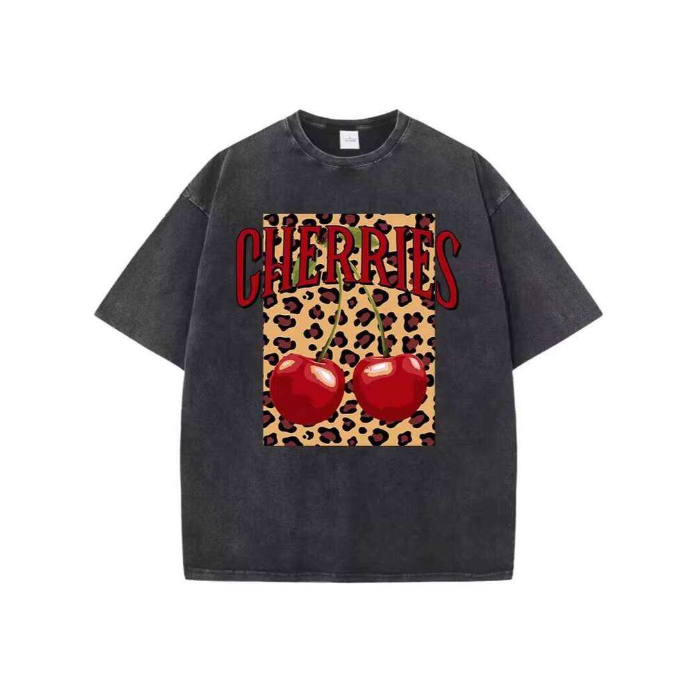 Men's 100% Cotton 300g High-Quality Cherry Print Loose Short-Sleeve Knitted Casual T-Shirt