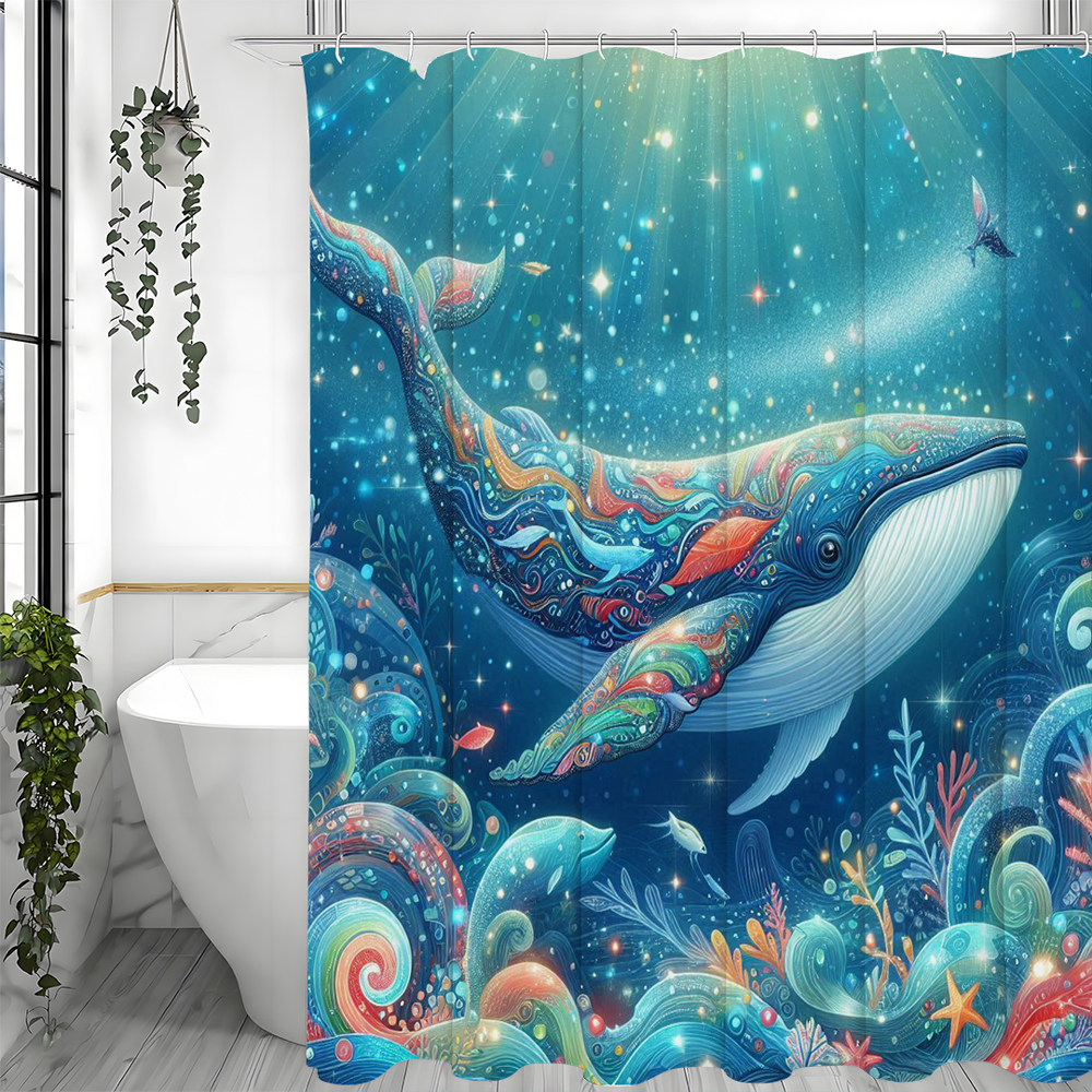 No-Drill Bathroom Divider: Creative Underwater World Blue-Green Whale Shower Curtain for Bathroom Privacy