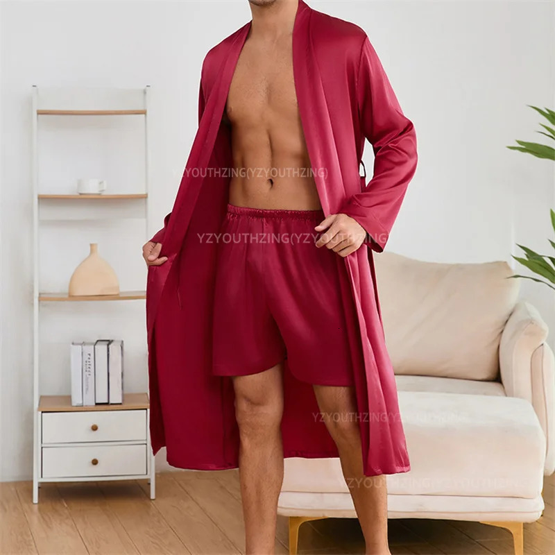 Solid Color Sleep Wear Set Men Silkly Satin Man Nightwear Loose Japanese Mens Pyjama Set Summer Kimono Shorts Pajamas Suit 250902