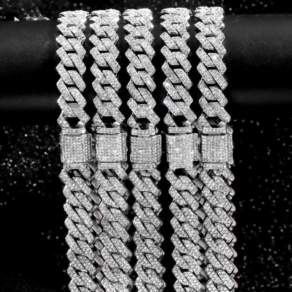 14 MM Prong Cuban Link Chain Necklace For Men Hip Hop Iced Out Bling Luxury Full Rhinestone Paved Necklace Rapper Female Jewelry