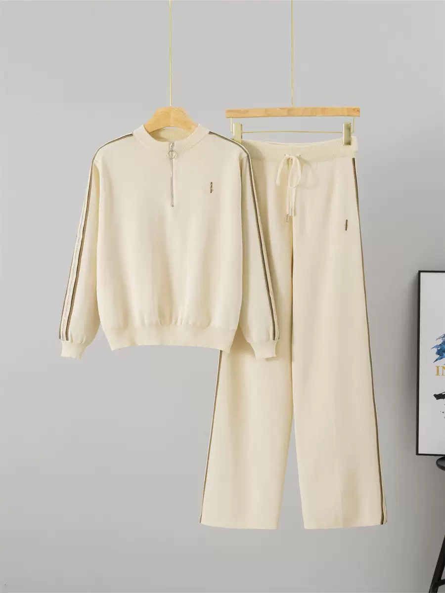 Women Knitted Cardigan Set Casual Suit Long-sleeved Stand-collar Cardigan Striped Autumn Gym Tracksuit Set