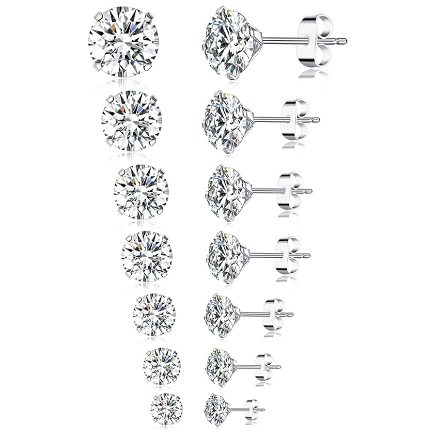 7 Pairs 18G Stainless Steel Stud Earrings Push Back Round Cubic Zirconia Barbell Earring Set Men Women 2MM-8MM Silver Tone