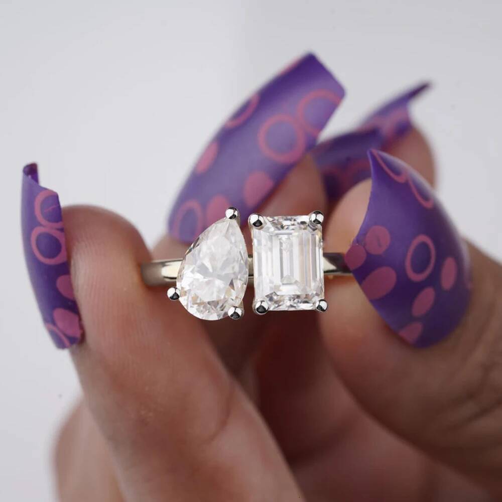 5cttw PearEmerald Cut Moissanite Diamond Engagement Rings for Women Two Stone 925 Sterling Silver Wedding Band with Certificate