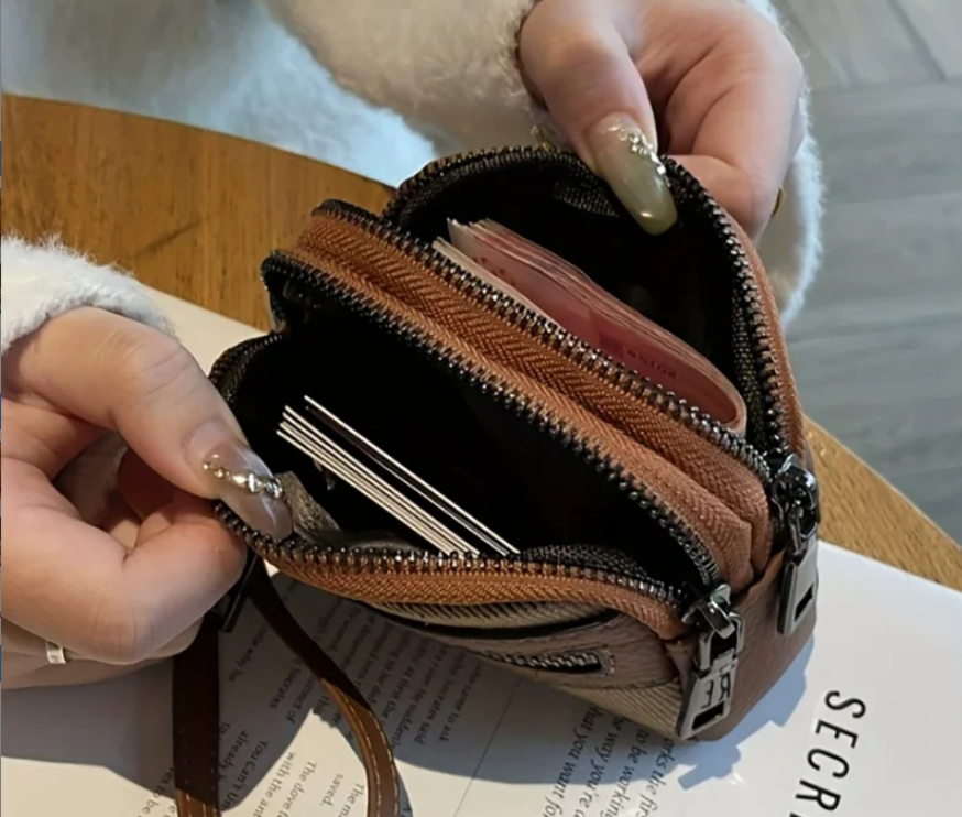 2025 new retro style wallet with double zippers, spacious keys, coin designer trendy wallet, beige, red checkered design, polyester lining